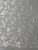 Fancy Border Flower Cluster Fabric - White - Embroidered Floral Pattern on Lace Mesh By Yard