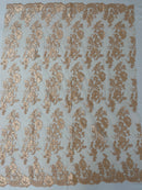 Fancy Border Flower Cluster Fabric - Peach - Embroidered Floral Pattern on Lace Mesh By Yard