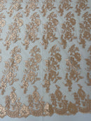 Fancy Border Flower Cluster Fabric - Peach - Embroidered Floral Pattern on Lace Mesh By Yard