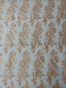 Fancy Border Flower Cluster Fabric - Peach - Embroidered Floral Pattern on Lace Mesh By Yard
