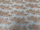 Fancy Border Flower Cluster Fabric - Peach - Embroidered Floral Pattern on Lace Mesh By Yard