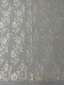 Fancy Border Flower Cluster Fabric - Off-White - Embroidered Floral Pattern on Lace Mesh By Yard