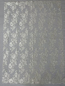 Fancy Border Flower Cluster Fabric - Off-White - Embroidered Floral Pattern on Lace Mesh By Yard