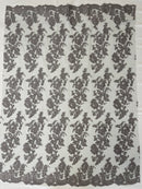 Fancy Border Flower Cluster Fabric - Silver - Embroidered Floral Pattern on Lace Mesh By Yard