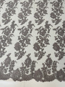 Fancy Border Flower Cluster Fabric - Silver - Embroidered Floral Pattern on Lace Mesh By Yard