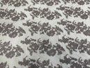 Fancy Border Flower Cluster Fabric - Silver - Embroidered Floral Pattern on Lace Mesh By Yard