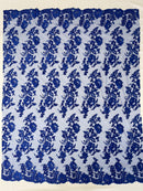 Fancy Border Flower Cluster Fabric - Royal Blue - Embroidered Floral Pattern on Lace Mesh By Yard