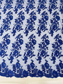 Fancy Border Flower Cluster Fabric - Royal Blue - Embroidered Floral Pattern on Lace Mesh By Yard