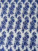 Fancy Border Flower Cluster Fabric - Royal Blue - Embroidered Floral Pattern on Lace Mesh By Yard