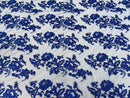 Fancy Border Flower Cluster Fabric - Royal Blue - Embroidered Floral Pattern on Lace Mesh By Yard