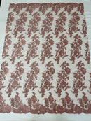 Fancy Border Flower Cluster Fabric - Dusty Rose - Embroidered Floral Pattern on Lace Mesh By Yard