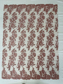 Fancy Border Flower Cluster Fabric - Dusty Rose - Embroidered Floral Pattern on Lace Mesh By Yard