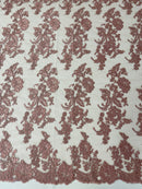 Fancy Border Flower Cluster Fabric - Dusty Rose - Embroidered Floral Pattern on Lace Mesh By Yard