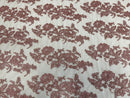 Fancy Border Flower Cluster Fabric - Dusty Rose - Embroidered Floral Pattern on Lace Mesh By Yard