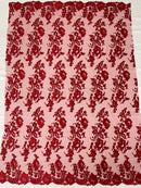 Fancy Border Flower Cluster Fabric - Red - Embroidered Floral Pattern on Lace Mesh By Yard
