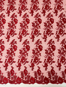 Fancy Border Flower Cluster Fabric - Red - Embroidered Floral Pattern on Lace Mesh By Yard