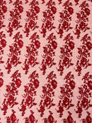 Fancy Border Flower Cluster Fabric - Red - Embroidered Floral Pattern on Lace Mesh By Yard