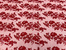 Fancy Border Flower Cluster Fabric - Red - Embroidered Floral Pattern on Lace Mesh By Yard