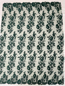 Fancy Border Flower Cluster Fabric - Hunter Green - Embroidered Floral Pattern on Lace Mesh By Yard