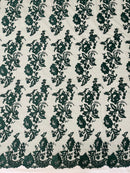 Fancy Border Flower Cluster Fabric - Hunter Green - Embroidered Floral Pattern on Lace Mesh By Yard