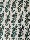 Fancy Border Flower Cluster Fabric - Hunter Green - Embroidered Floral Pattern on Lace Mesh By Yard