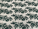 Fancy Border Flower Cluster Fabric - Hunter Green - Embroidered Floral Pattern on Lace Mesh By Yard