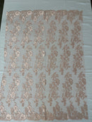 Fancy Border Flower Cluster Fabric - Rose Pink - Embroidered Floral Pattern on Lace Mesh By Yard