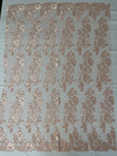 Fancy Border Flower Cluster Fabric - Rose Pink - Embroidered Floral Pattern on Lace Mesh By Yard