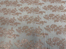 Fancy Border Flower Cluster Fabric - Rose Pink - Embroidered Floral Pattern on Lace Mesh By Yard