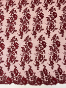Fancy Border Flower Cluster Fabric - Burgundy - Embroidered Floral Pattern on Lace Mesh By Yard