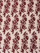 Fancy Border Flower Cluster Fabric - Burgundy - Embroidered Floral Pattern on Lace Mesh By Yard