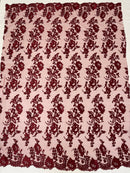 Fancy Border Flower Cluster Fabric - Burgundy - Embroidered Floral Pattern on Lace Mesh By Yard