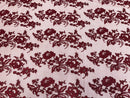 Fancy Border Flower Cluster Fabric - Burgundy - Embroidered Floral Pattern on Lace Mesh By Yard