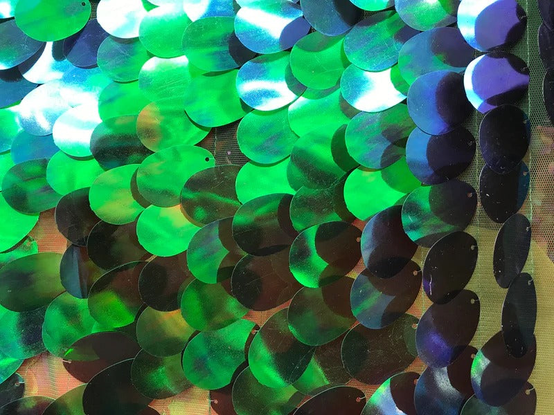 Jumbo Oval Sequins - Blue/ Green Iridescent - Large Oval Sequins Paillette on Mesh By Yard