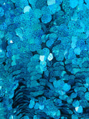 Circle Jumbo Paillette Sequins - Turquoise Hologram - Big Circle Hanging Sequins Design Fabric By Yard