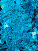 Circle Jumbo Paillette Sequins - Turquoise Hologram - Big Circle Hanging Sequins Design Fabric By Yard
