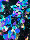 Jumbo Paillette Sequins - Black Iridescent - Big Circle Hanging Sequins Design Fabric By Yard