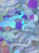 Circle Jumbo Paillette Sequins - white pink Iridescent - Big Circle Hanging Sequins Design Fabric By Yard