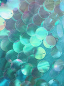 Jumbo Paillette Sequins - Aqua - Big Circle Hanging Sequins Design Fabric By Yard