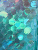 Jumbo Paillette Sequins - Aqua - Big Circle Hanging Sequins Design Fabric By Yard