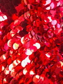 Jumbo Paillette Sequins - Red - Big Circle Hanging Sequins Design Fabric By Yard