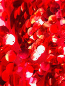 Jumbo Paillette Sequins - Red - Big Circle Hanging Sequins Design Fabric By Yard