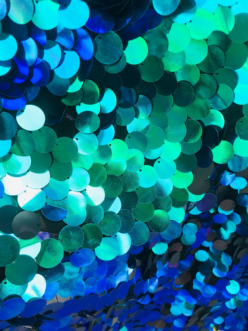 Circle Jumbo Paillette Sequins - Iridescent Blue/Green - Big Circle Hanging Sequins Design Fabric By Yard