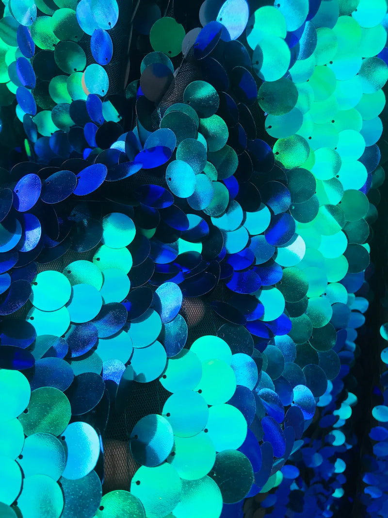 Circle Jumbo Paillette Sequins - Iridescent Blue/Green - Big Circle Hanging Sequins Design Fabric By Yard