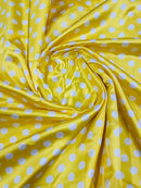 Polka Dot Satin Fabric - White on Yellow -  3/4" Inch Soft Silky Satin Polka Dot Fabric Sold By Yard
