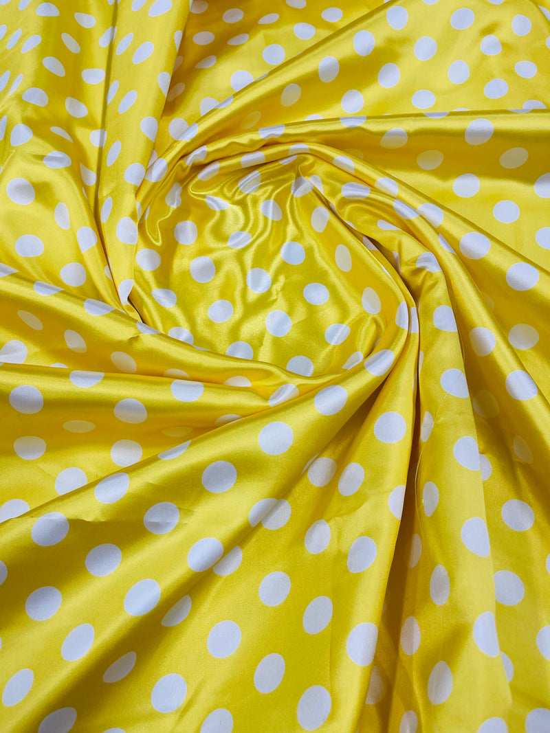 Polka Dot Satin Fabric - White on Yellow -  3/4" Inch Soft Silky Satin Polka Dot Fabric Sold By Yard