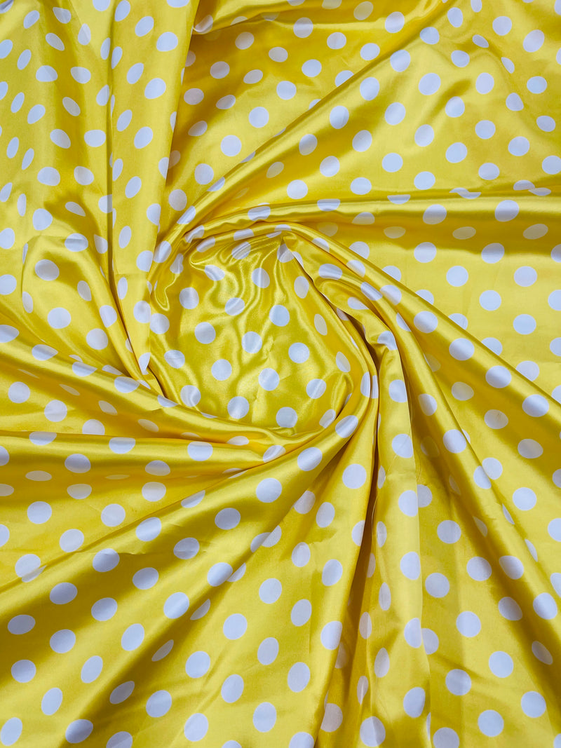 Polka Dot Satin Fabric - White on Yellow -  3/4" Inch Soft Silky Satin Polka Dot Fabric Sold By Yard