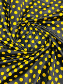 Polka Dot Satin Fabric - Yellow on Black -  3/4" Inch Soft Silky Satin Polka Dot Fabric Sold By Yard