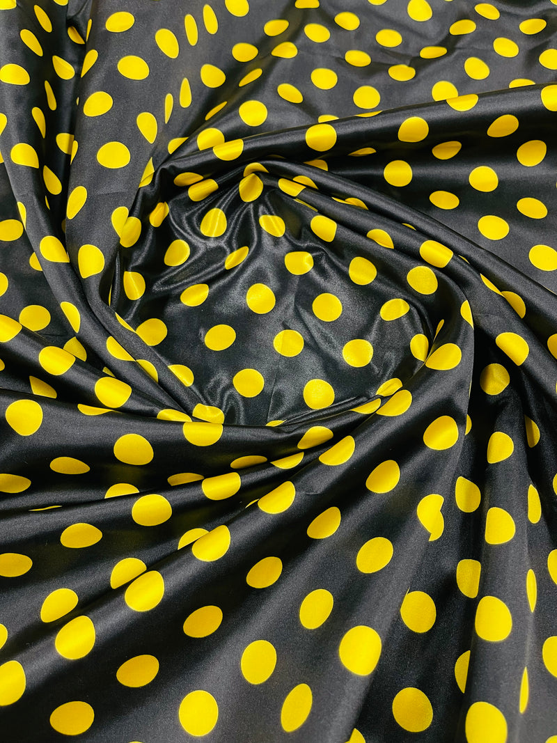 Polka Dot Satin Fabric - Yellow on Black -  3/4" Inch Soft Silky Satin Polka Dot Fabric Sold By Yard