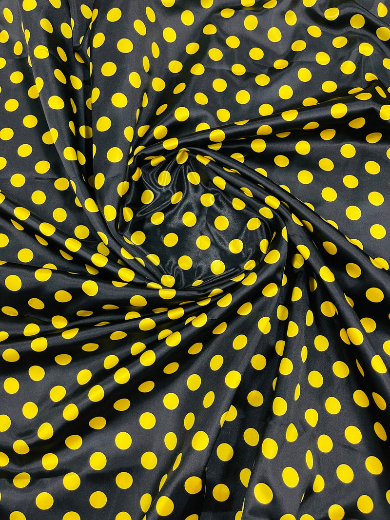 Polka Dot Satin Fabric - Yellow on Black -  3/4" Inch Soft Silky Satin Polka Dot Fabric Sold By Yard